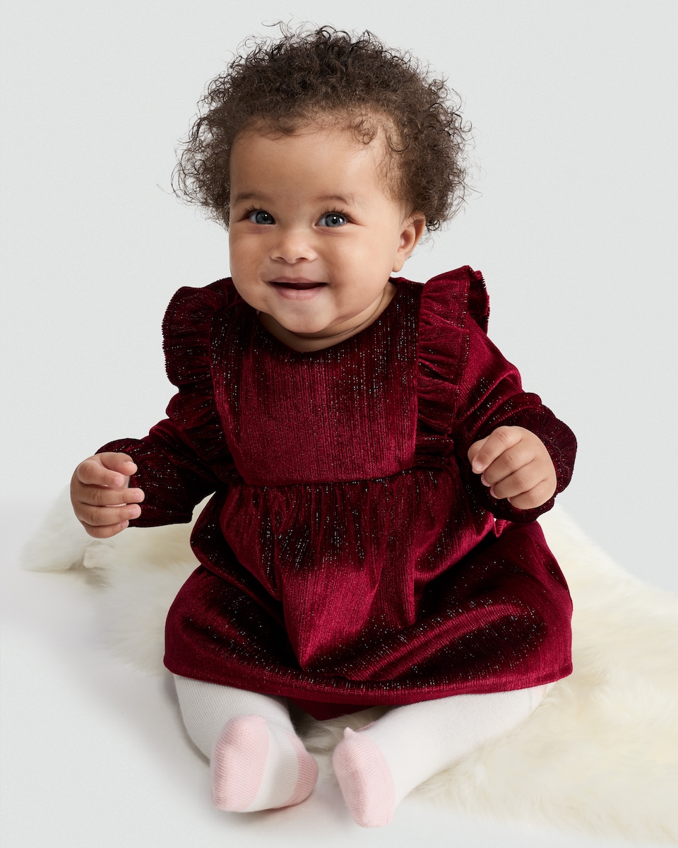 image 1 of F&F Baby Lurex Velvet Ruffle Trim Dress in Red