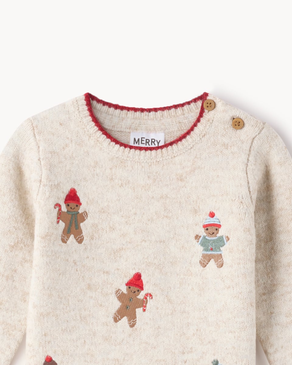image 1 of Christmas Baby Gingerbread Jumper, Leggings and Hat Set in Cream