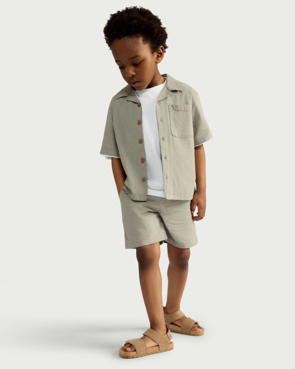 image 1 of F&F Boys 2-Piece Oversized Fit Shirt and Shorts Set in Khaki