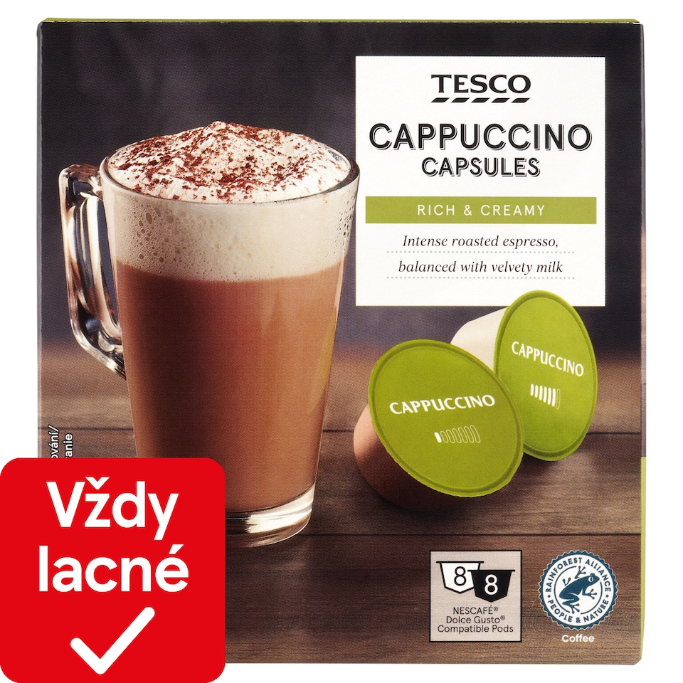 Tesco Cappuccino zmes praženej mletej kávy Arabica a Robusta 8 x 7 g + 8 x 17 g (192 g)