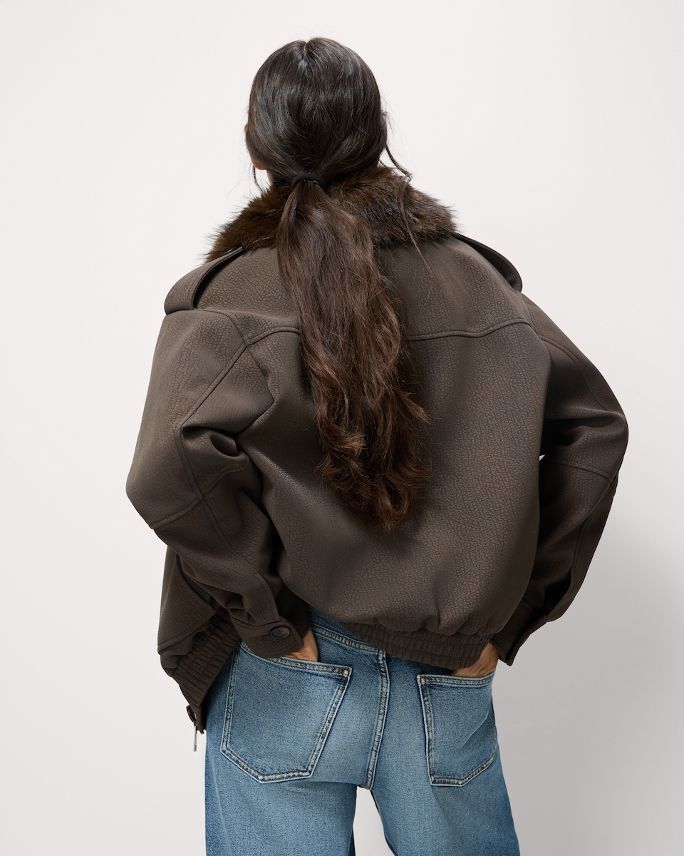 image 1 of F&F Faux Fur Collared Jacket in Brown