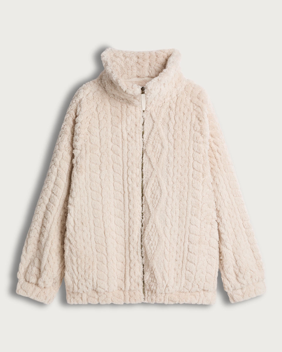 image 1 of F&F Fleece Cable Knit Zip Up Pyjama Jacket in Cream