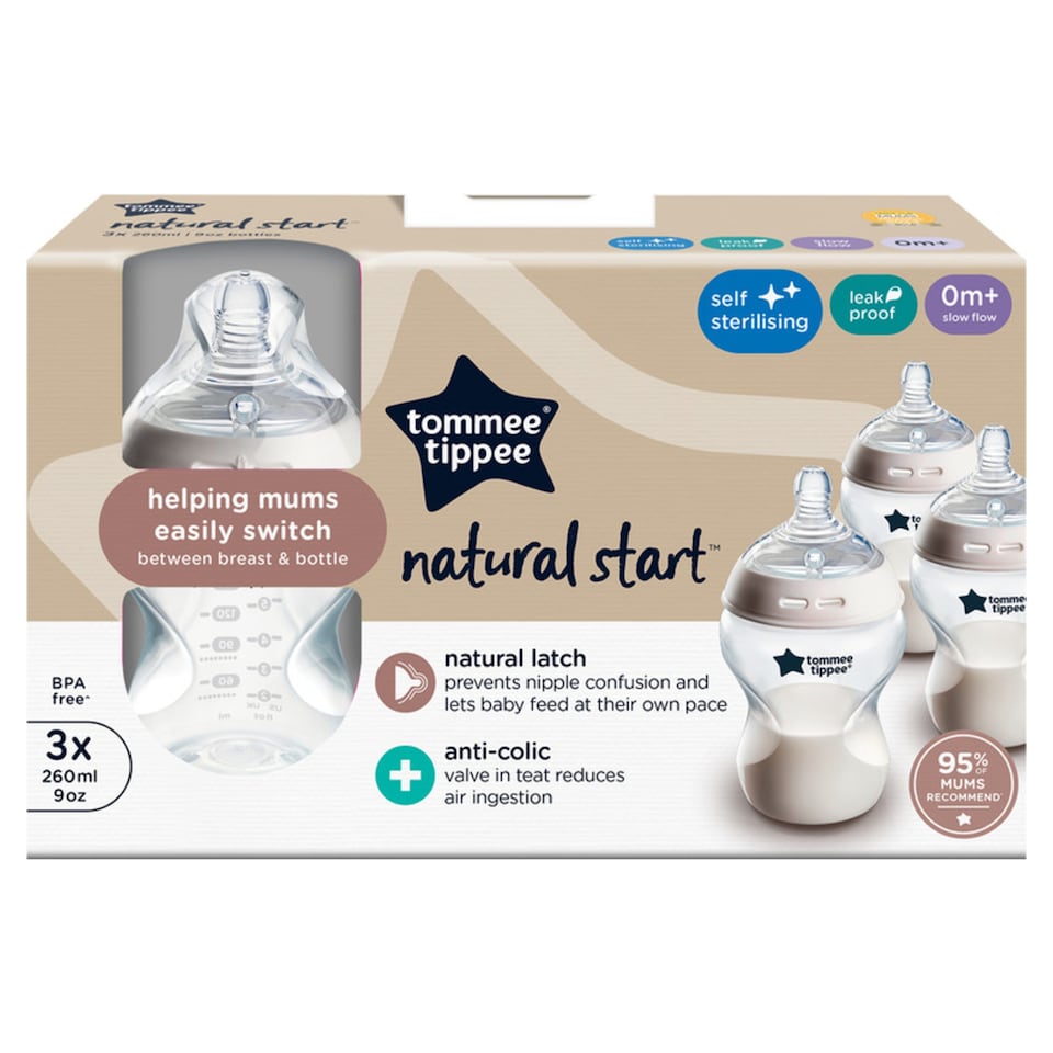 image 1 of Tommee Tippee Baby Bottles, Natural Start Anti-Colic Baby Bottle, Slow Flow, 260ml, 0m+, Pack of 3
