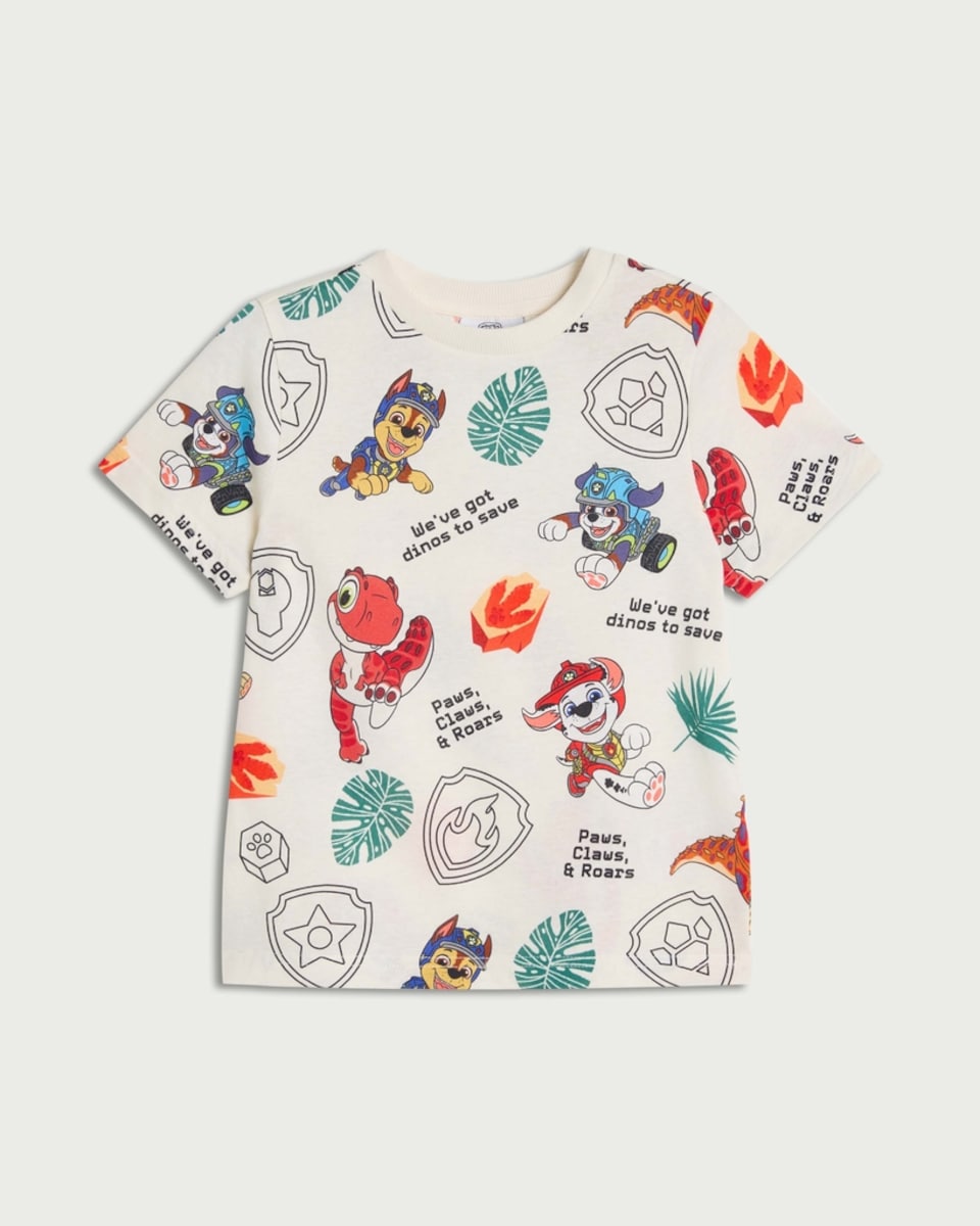 image 1 of Paw Patrol Pure Cotton Dino Print T-Shirt in Cream