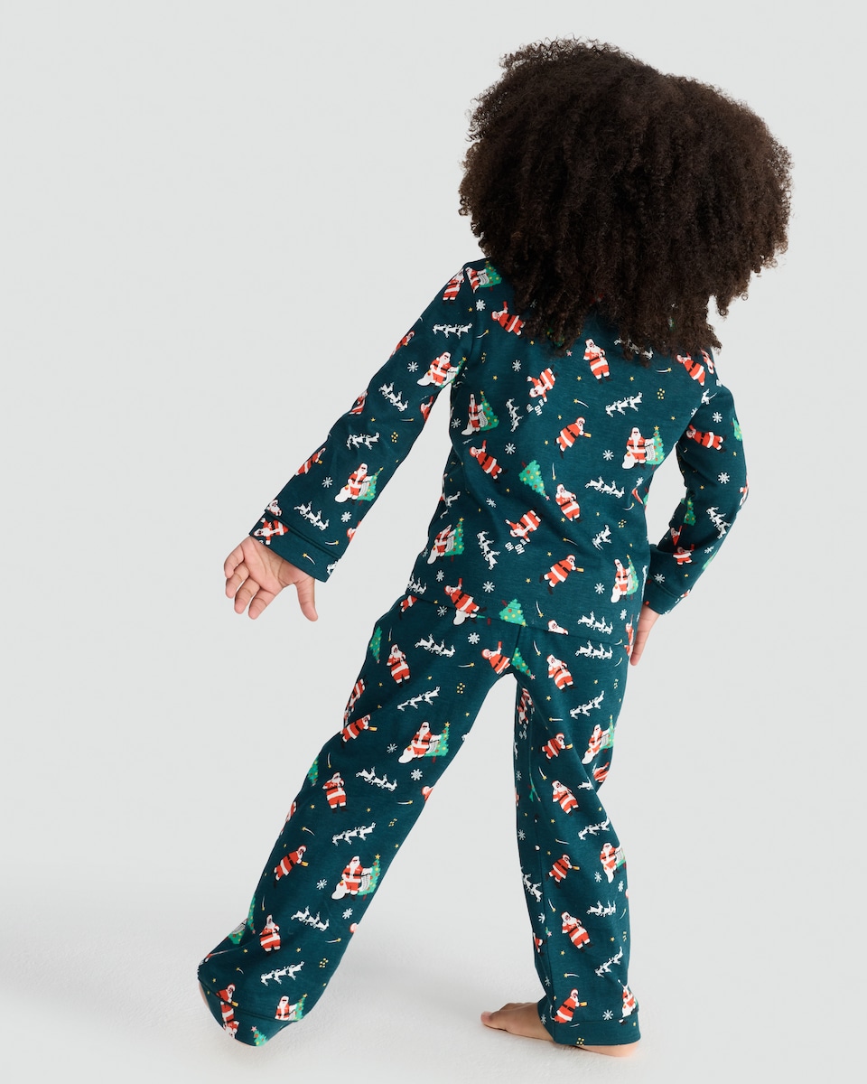 image 1 of F&F Boys Pure Cotton Santa Print Shirt and Trousers Pyjamas in Green