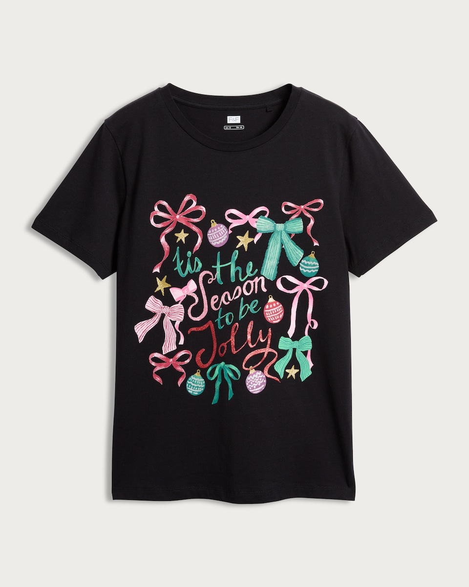 image 1 of F&F 'Tis the Season to Be Jolly Slogan T-Shirt in Black