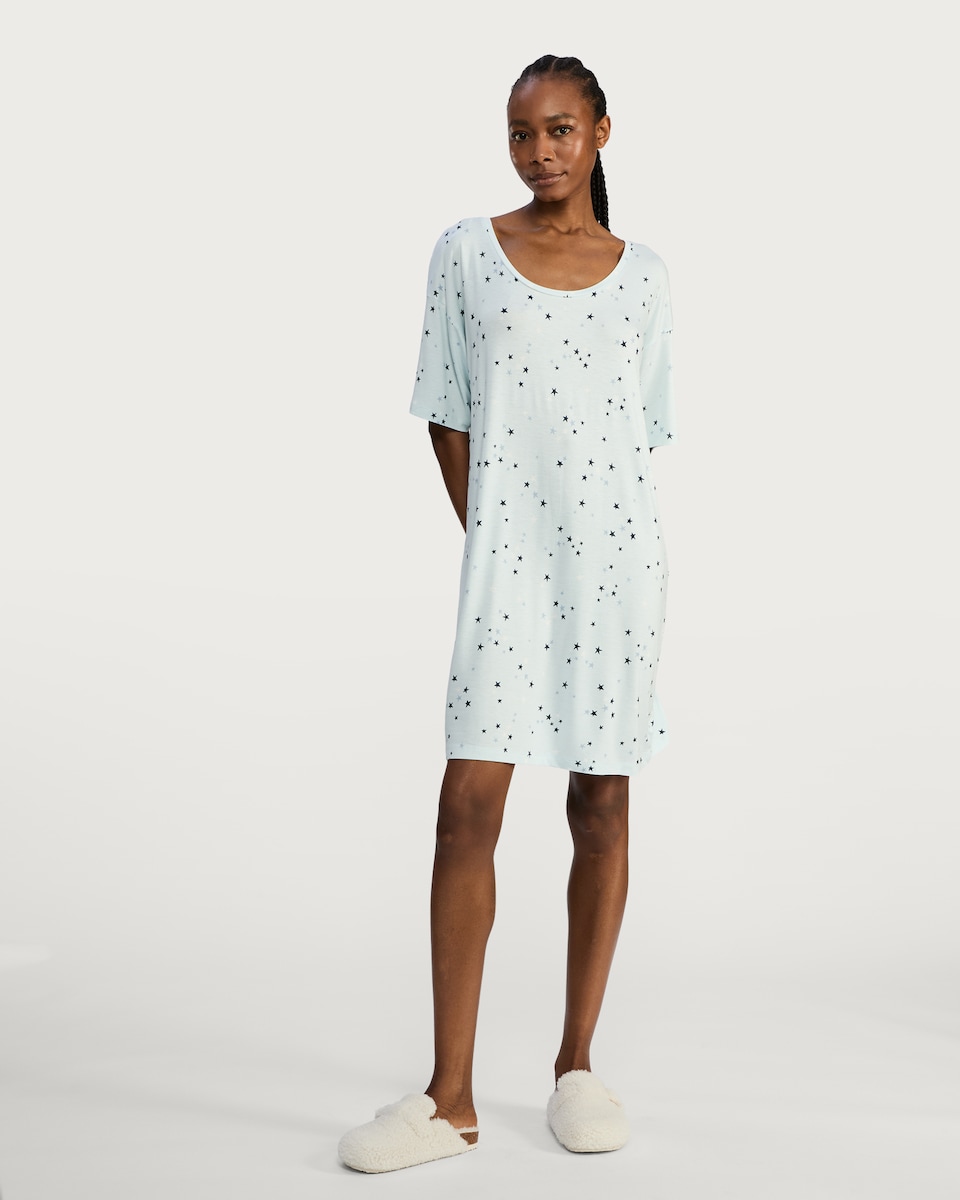 image 1 of F&F Star Print Short Sleeved Nightdress in Multi Blue