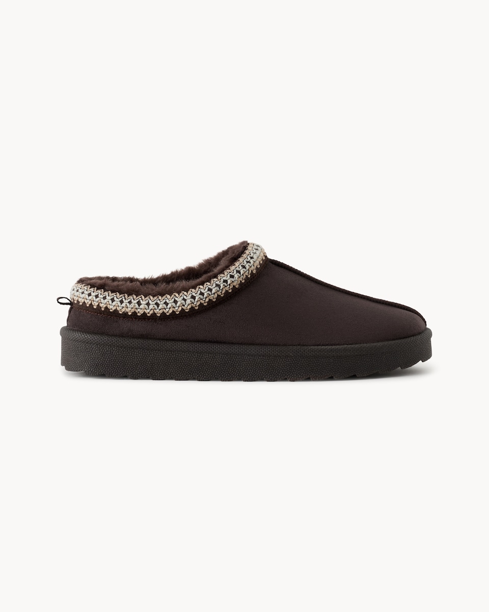 image 1 of F&F Faux Fur Lined Embroidered Mule Slippers in Chocolate