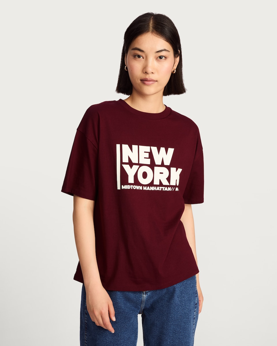 image 1 of F&F Boyfriend Fit New York Slogan T-Shirt in Burgundy