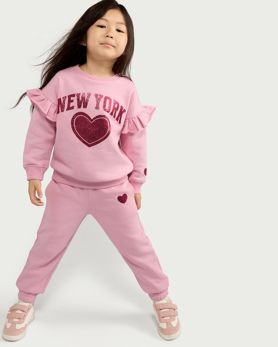 image 1 of F&F Girls Cotton Rich New York Sweatshirt in Pink