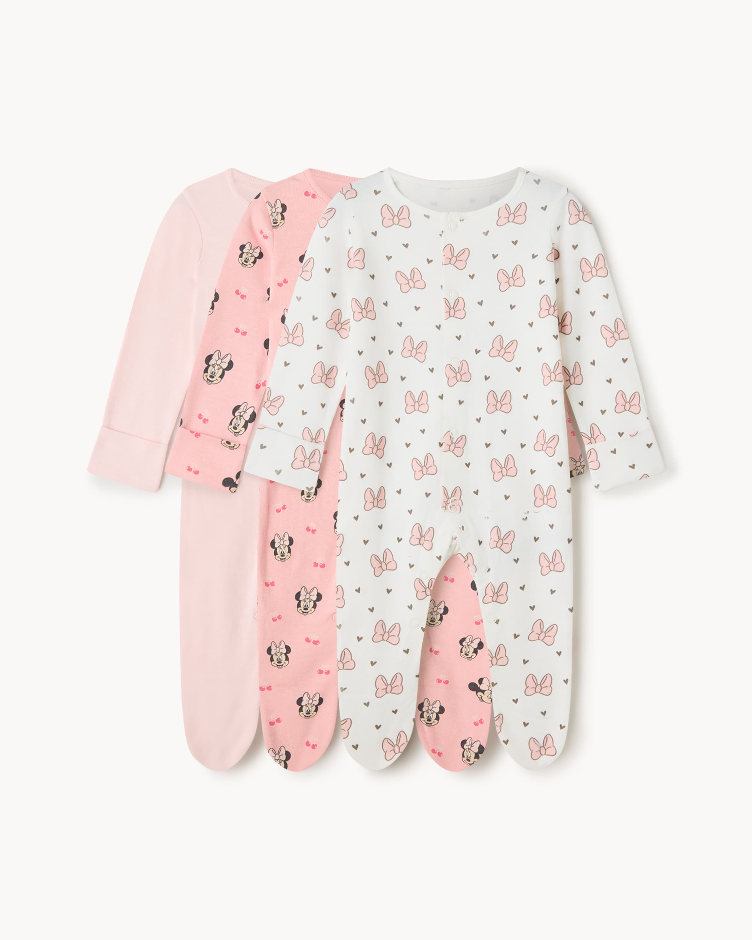Disney Minnie Mouse 3-Pack Pure Cotton Sleepsuits in Pink