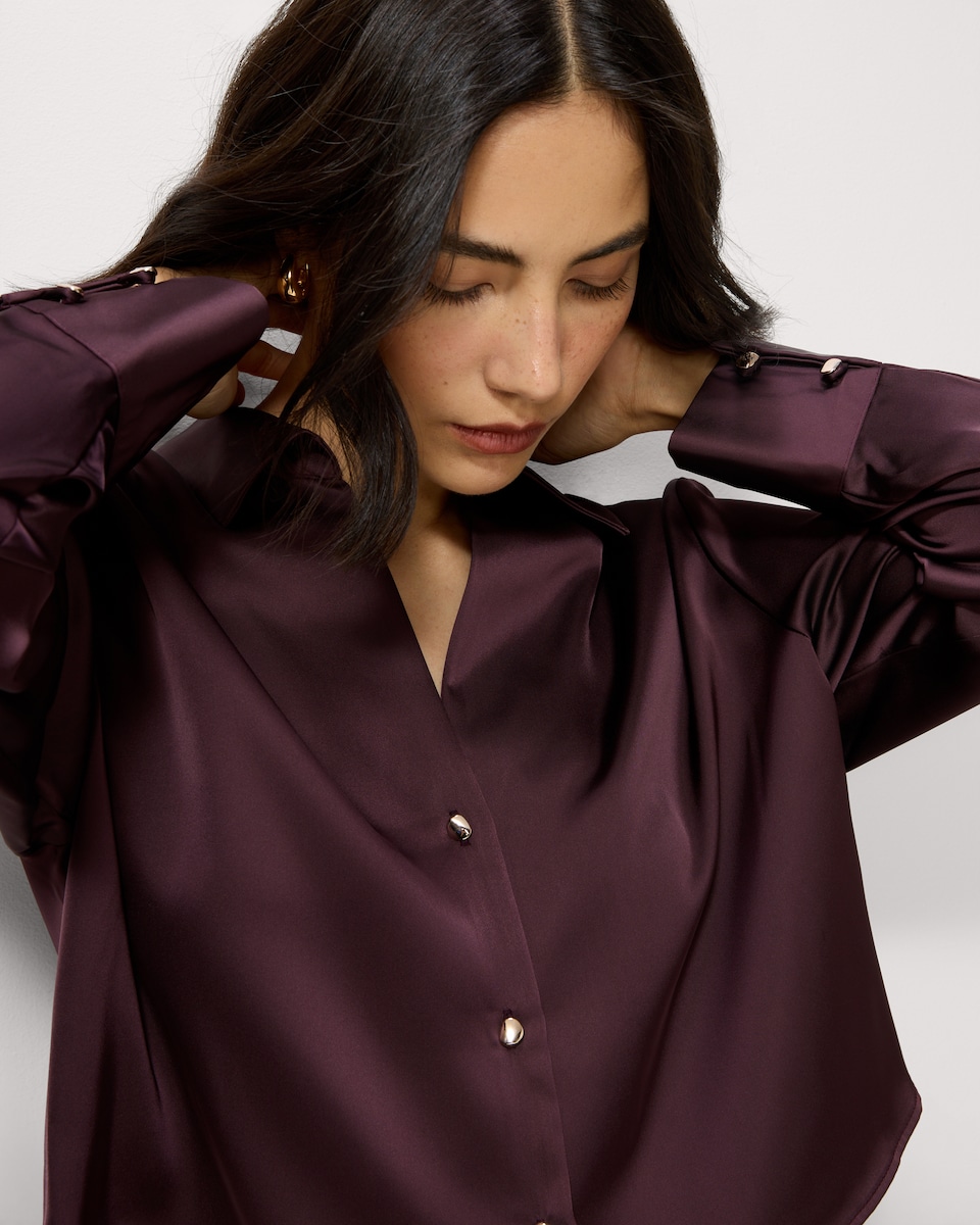 image 1 of F&F Satin Cropped Shirt in Burgundy