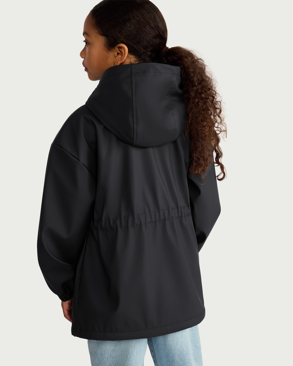 image 1 of F&F Girls Cinched Waist Hooded Raincoat in Black
