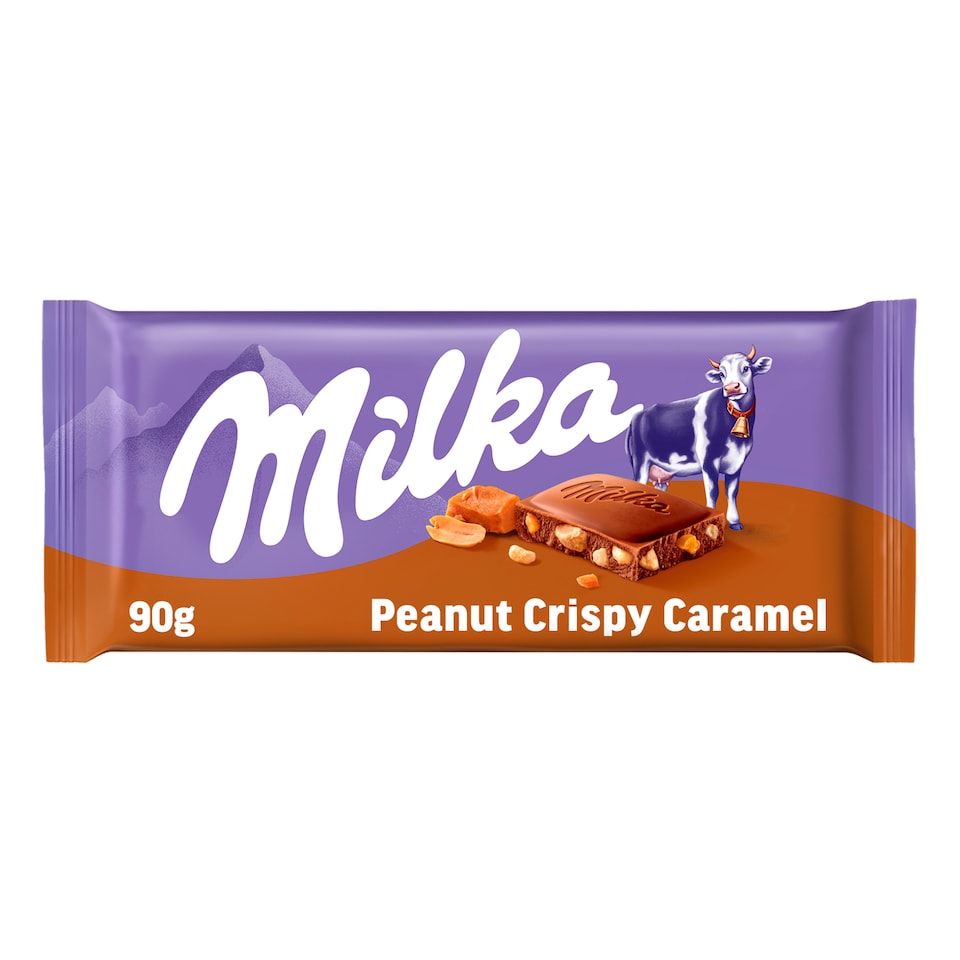 Milka Alpesi Tejcsokoládé Földimogyoróval, Karamellízű Darabokkal és Ropogós Gabonával 90 G