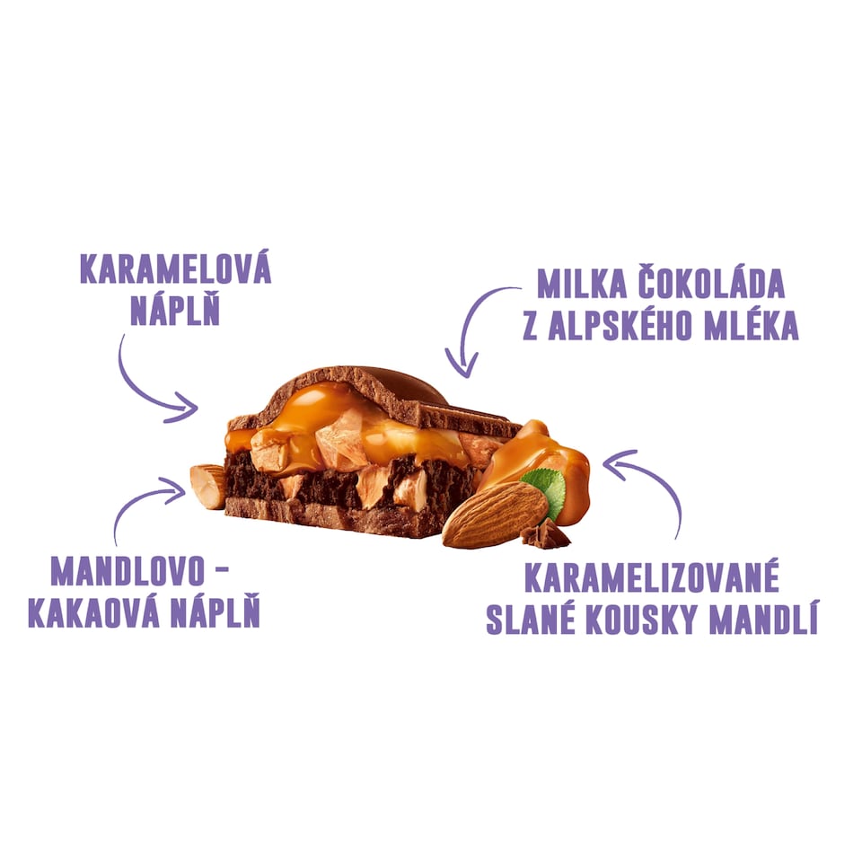 Obrázek 1 pro produkt Milka Almond caramel mléčná čokoláda z alpského mléka s mandlovo-kakaovou a karamelovou náplní 300 g