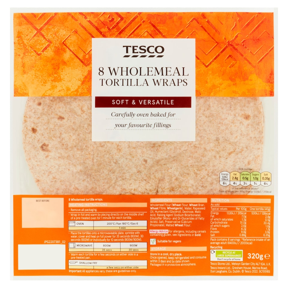 Tesco Wholemeal Tortilla Wraps 8 Pack 320g