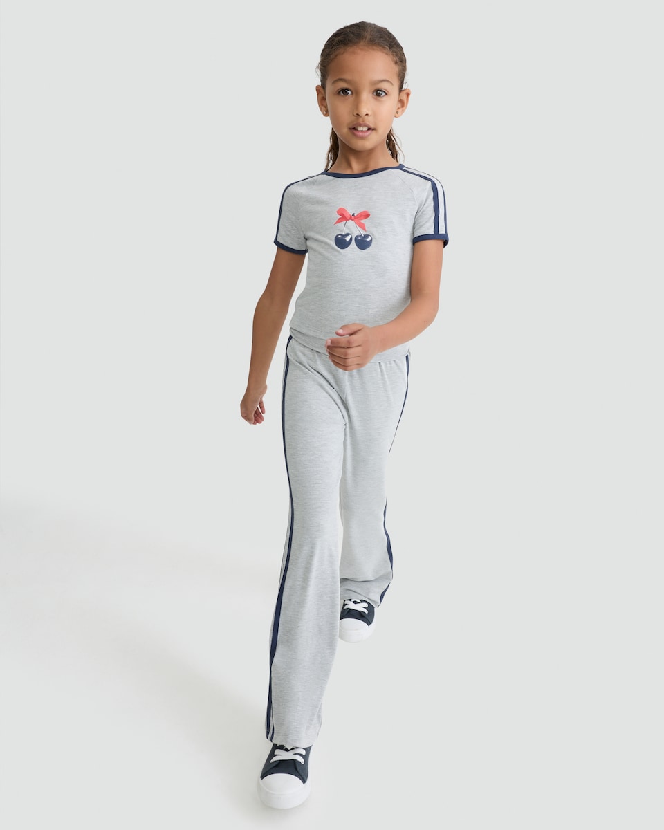 image 1 of F&F Girls 2-Piece Cherry Print T-Shirt and Flared Trousers Set in Grey Marl