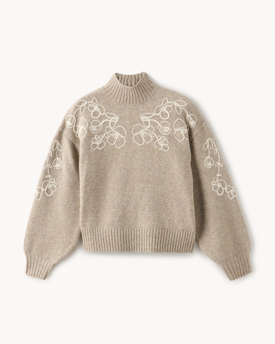 image 1 of F&F High Neck Cornelli Embroidered Jumper in Neutral
