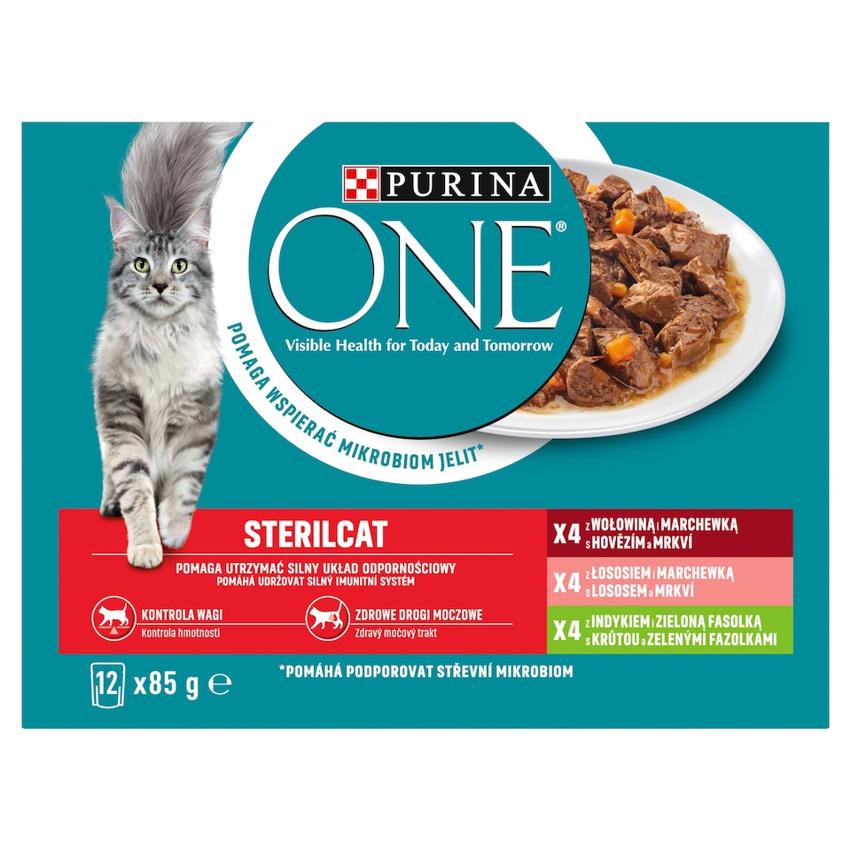 obrázok 1 z PURINA ONE STERILCAT s lososom, mrkvou, hovädzím, morkou, zelenými fazuľkami v šťave 12 x 85 g