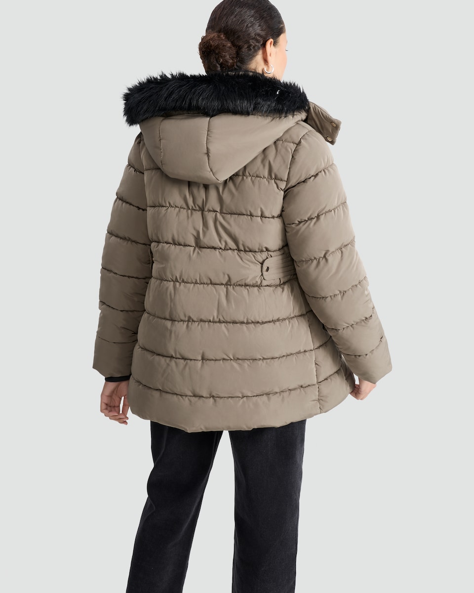 image 1 of F&F Faux Fur Trim Hooded Shower Resistant Puffer Coat in Khaki