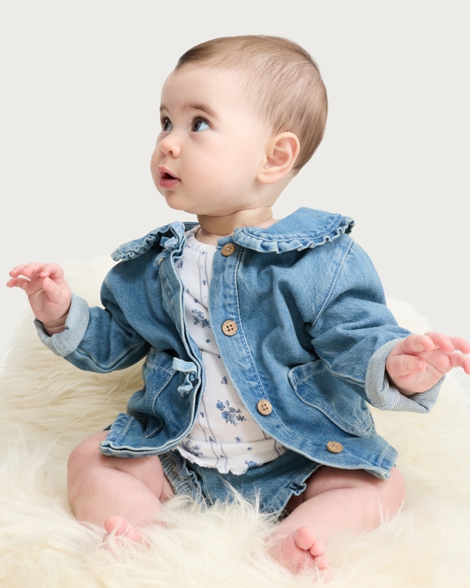 image 1 of F&F Baby 3-Piece Denim Jacket, Floral T-Shirt and Shorts Set  in Blue