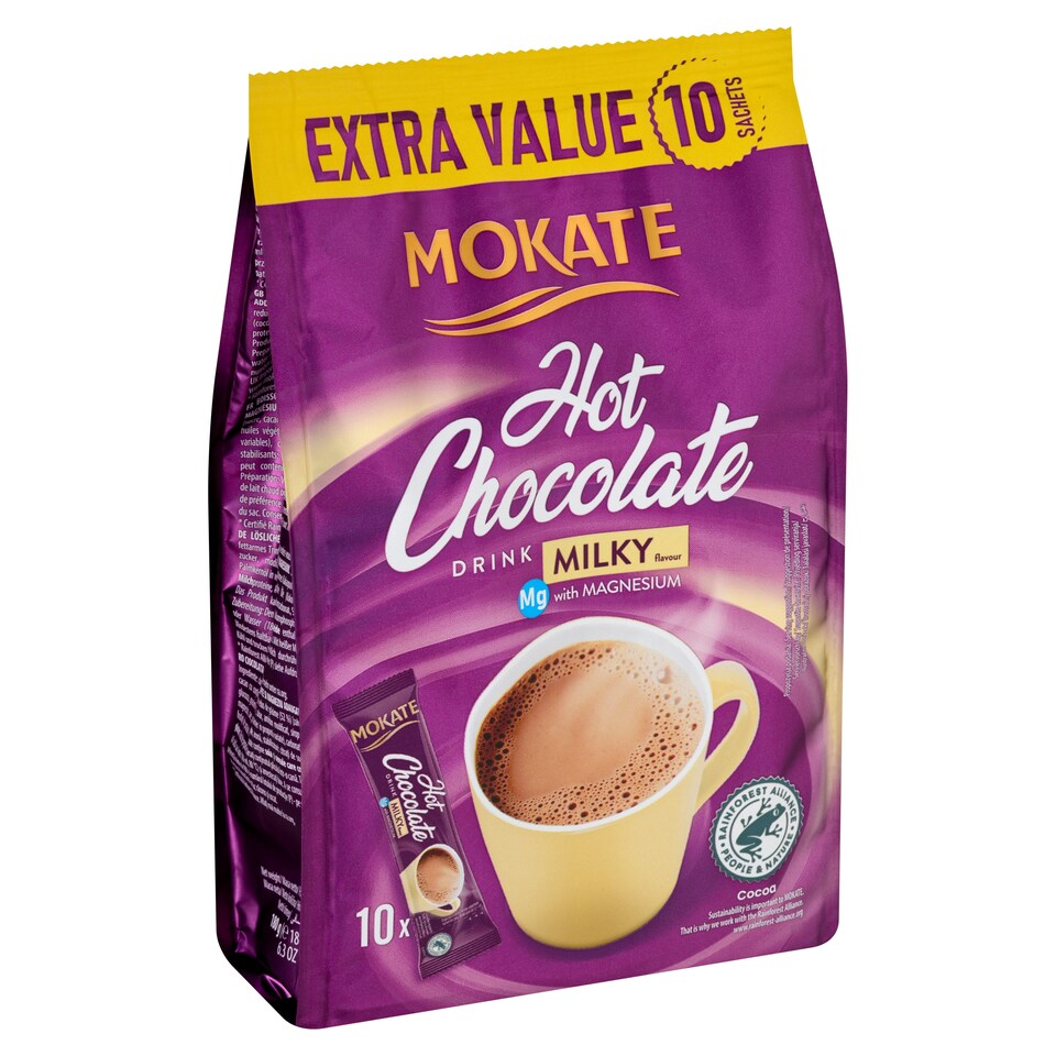 Obrázek 1 pro produkt Mokate Instantní čokoládový nápoj s příchutí mléčné čokolády s hořčíkem 10 x 18g (180g)