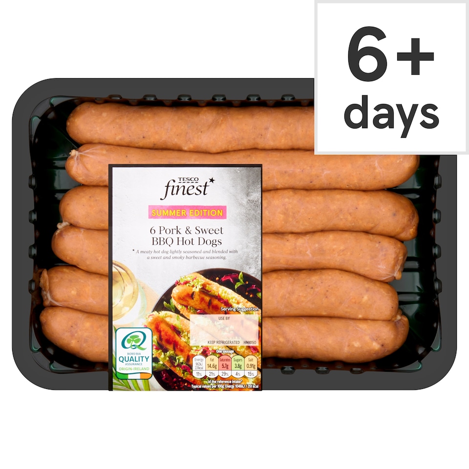 Tesco Finest 6 Pork and Sweet BBQ Hot Dogs 600g