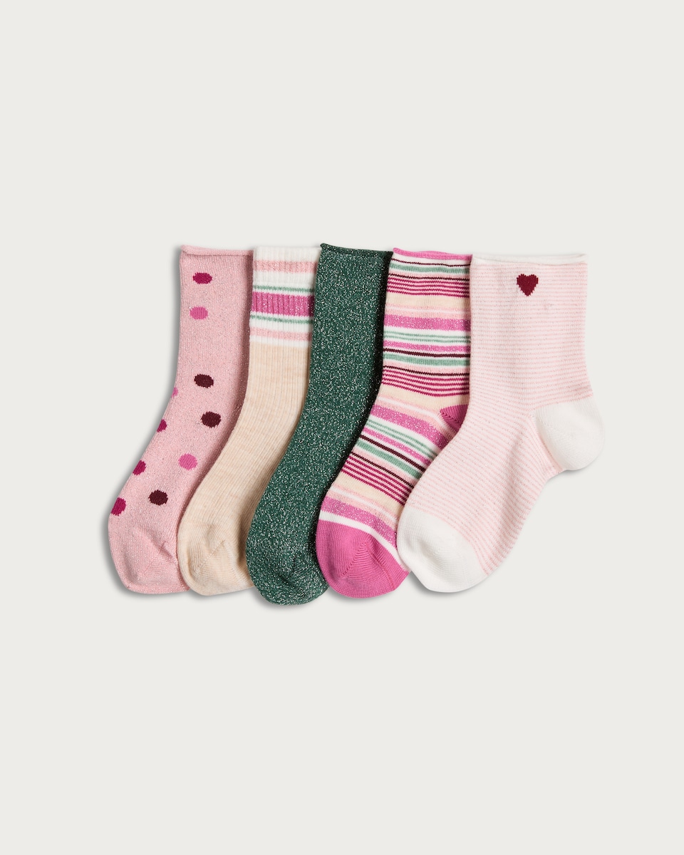 F&F Girls 5-Pack Cotton Rich Patterned Ankle Socks in Multi