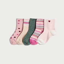 F&F Girls 5-Pack Cotton Rich Patterned Ankle Socks in Multi