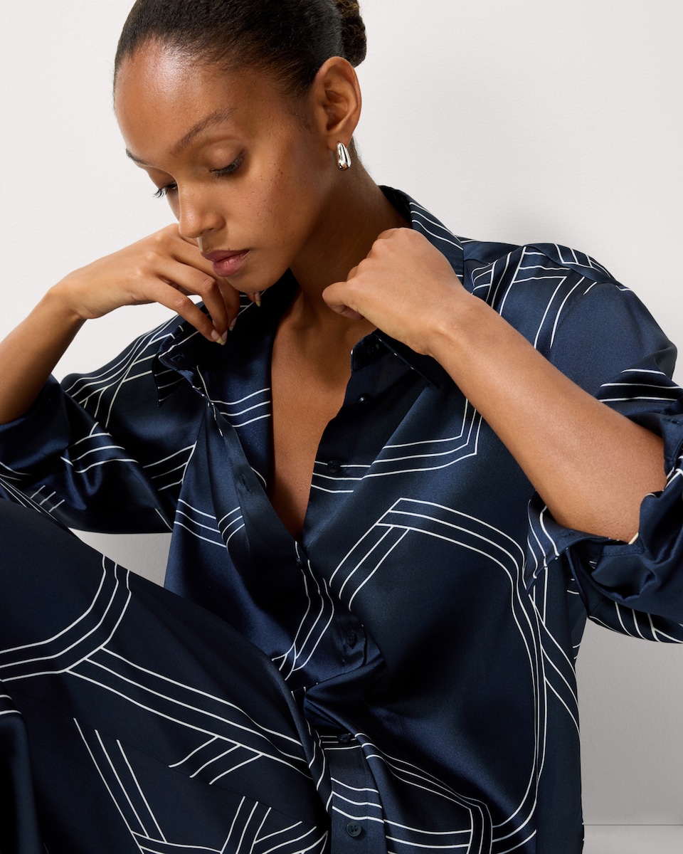 image 1 of F&F Satin Geometric Print Co-ord Shirt in Navy
