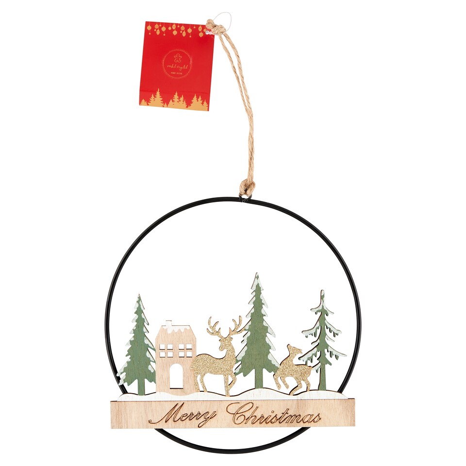 Mobil Digital Merry Christmas Metal Wreath with Forest Scene 33 cm x 20 cm x 1 cm