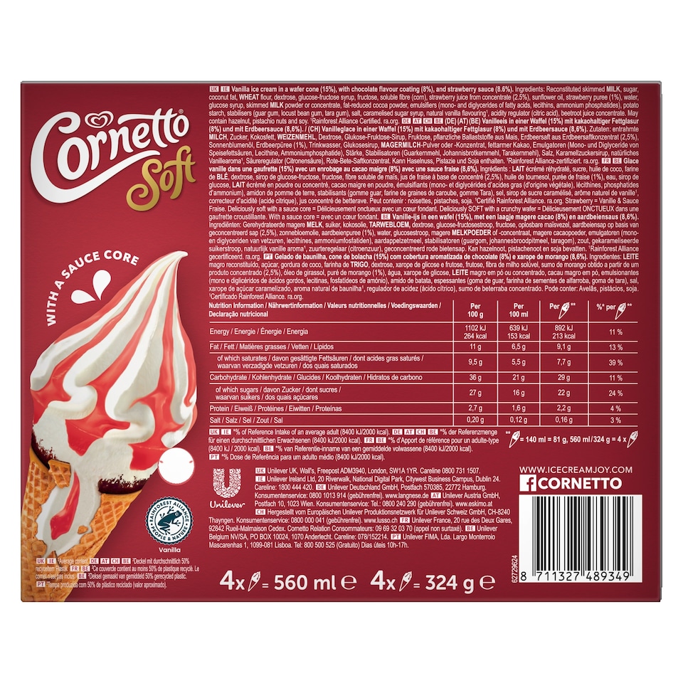 image 1 of Cornetto Soft Strawberry Ice Cream Cones 4x140ml