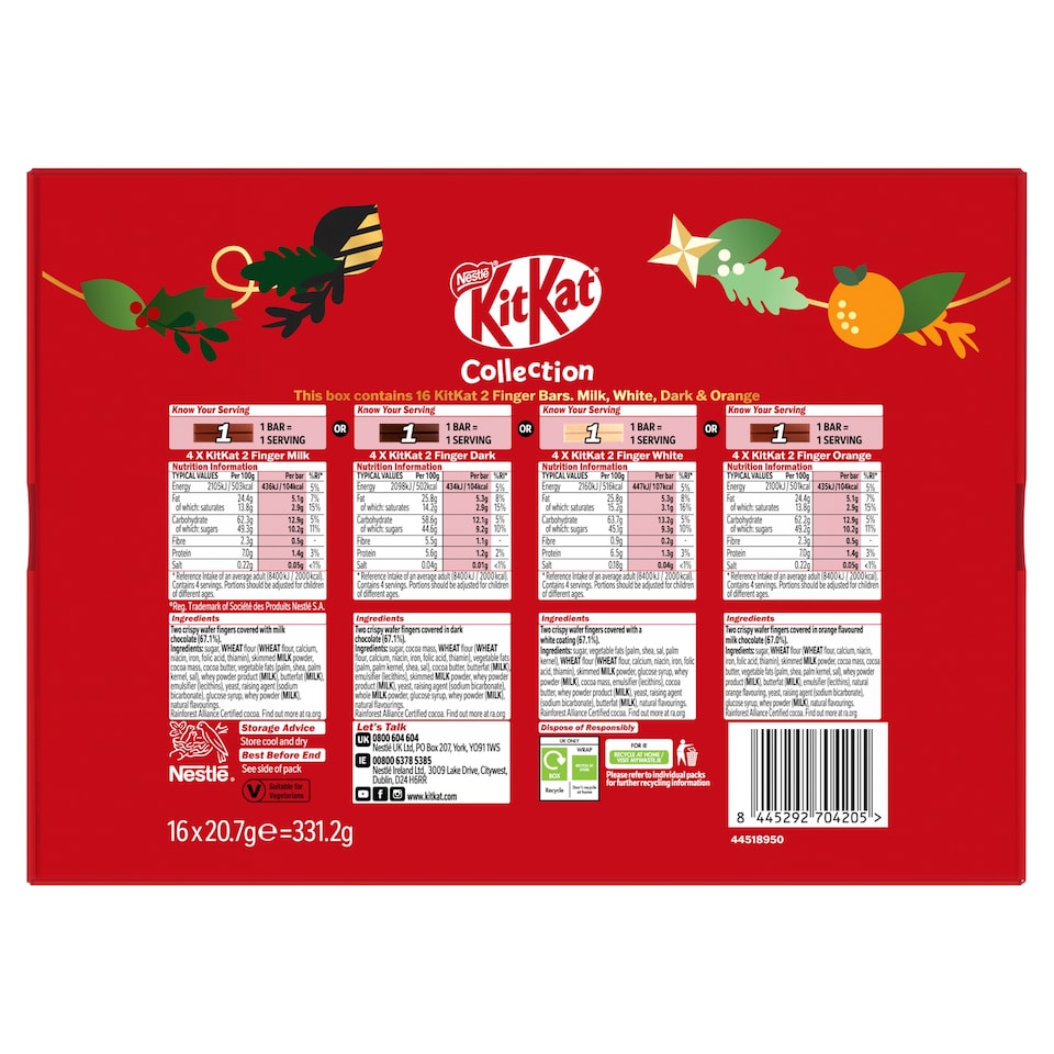 image 1 of Kit Kat collection Milk, white, dark & orange 16 Bars 331.2g 
