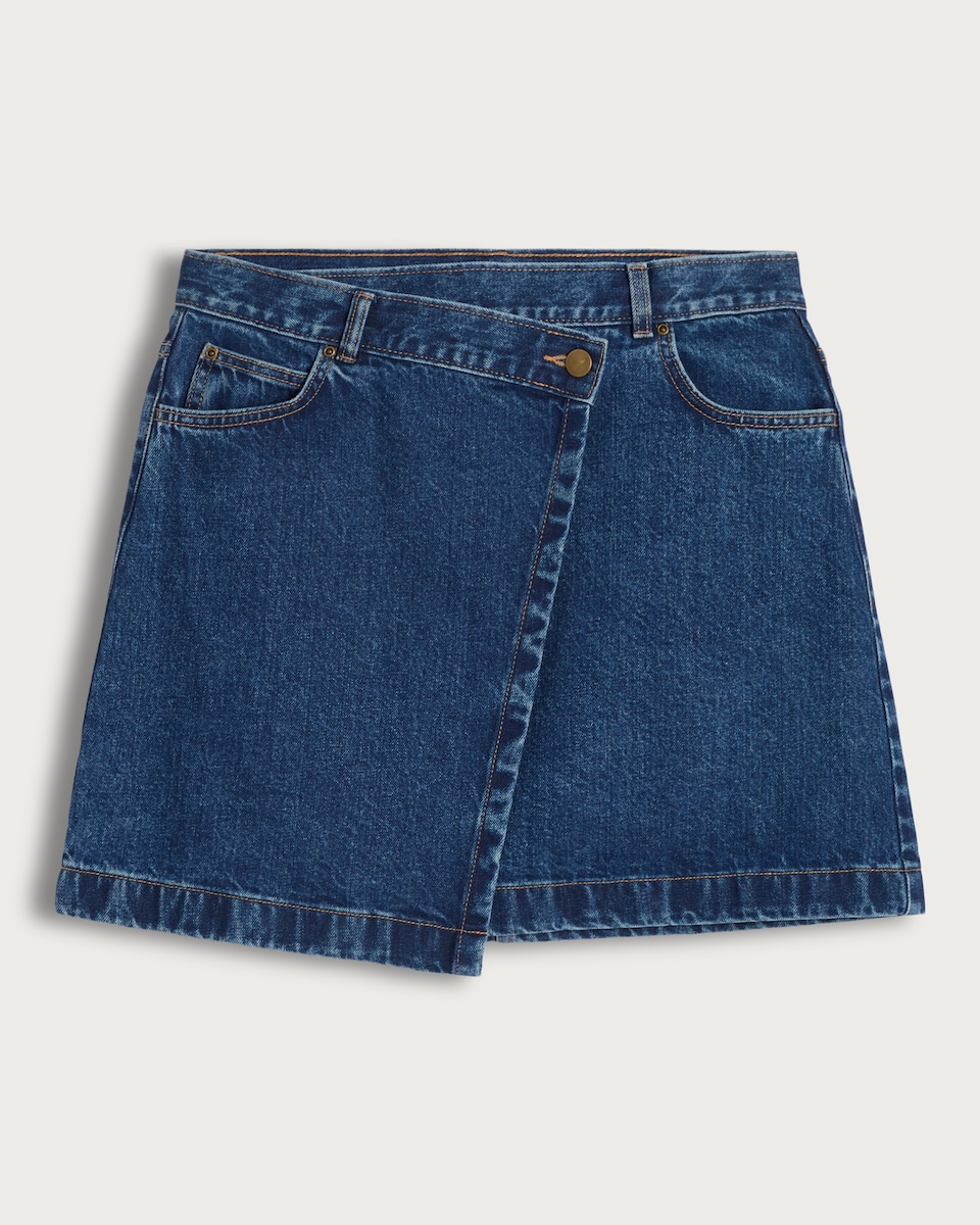 image 1 of F&F Pure Cotton Denim Wrap Mini Skirt in Navy