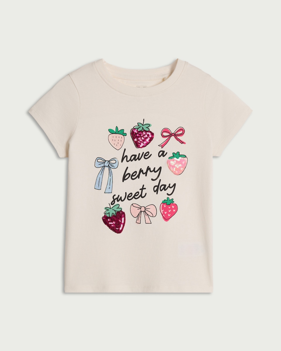 image 1 of F&F Girls Pure Cotton Strawberry Sequin T-Shirt in White