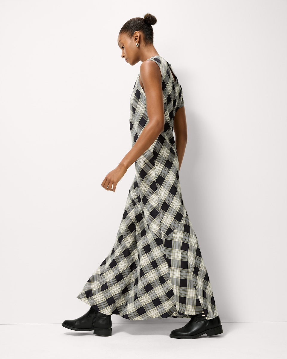 image 1 of F&F Check Twist Asymmetric Midi Dress in Multi Black White