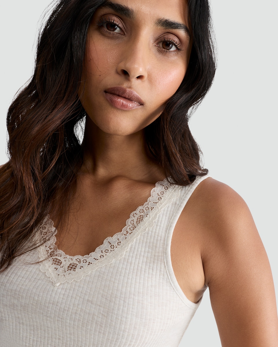 image 1 of F&F Soft Touch Ribbed Lace Trim Thermal Cami Top in Neutral