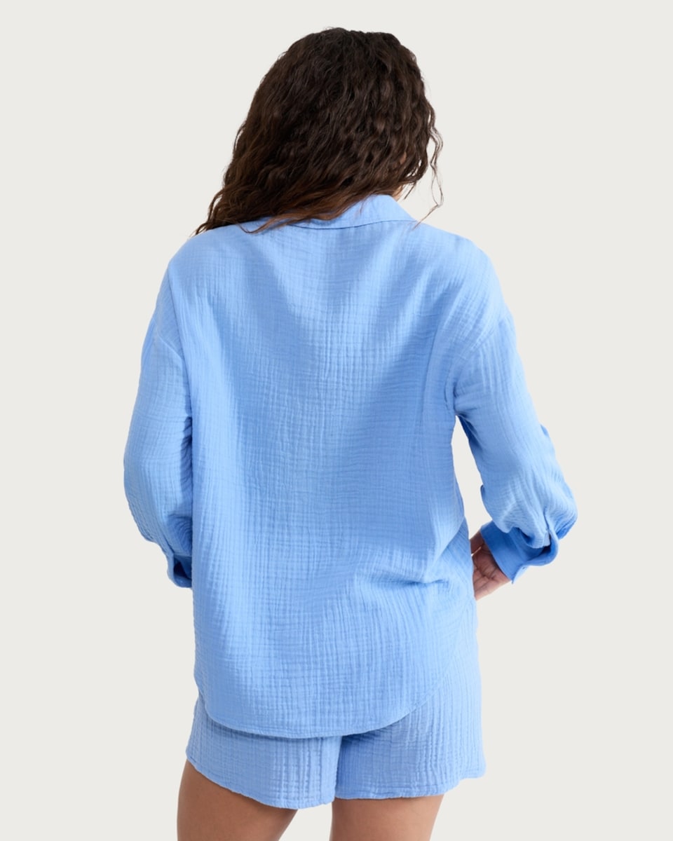 image 1 of F&F Pure Cotton Double Cloth Long Sleeved Shirt in Blue