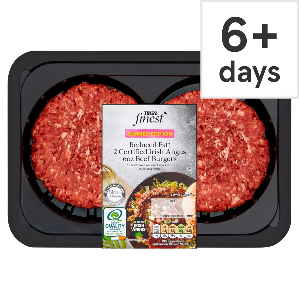 Tesco Finest Reduced Fat Irish Angus 6Oz Beef Burgers 340G