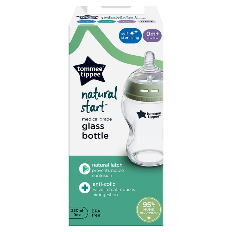 image 1 of Tommee Tippee Natural Start Baby Bottles, Glass, 250ml, 0m+, Pack of 1