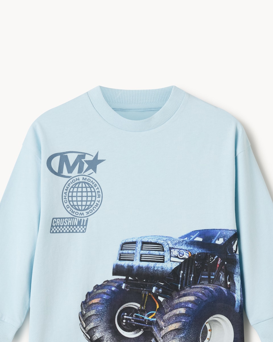 image 1 of F&F Boys Pure Cotton Monster Truck Long Sleeved Top in Blue