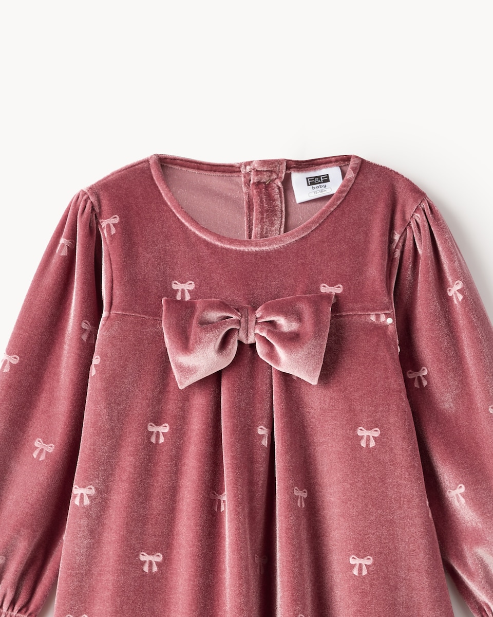 image 1 of F&F Baby Velvet Bow Print Dress in Pink