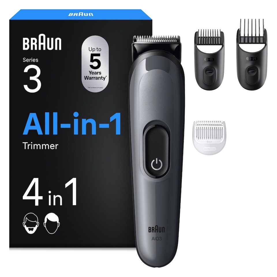 Obrázek 1 pro produkt Braun All-in-One Series 3, 4v1 Sada Pro Péči O Tělo, Ostrý Břit, 14 Délek, AIO3500, Šedá