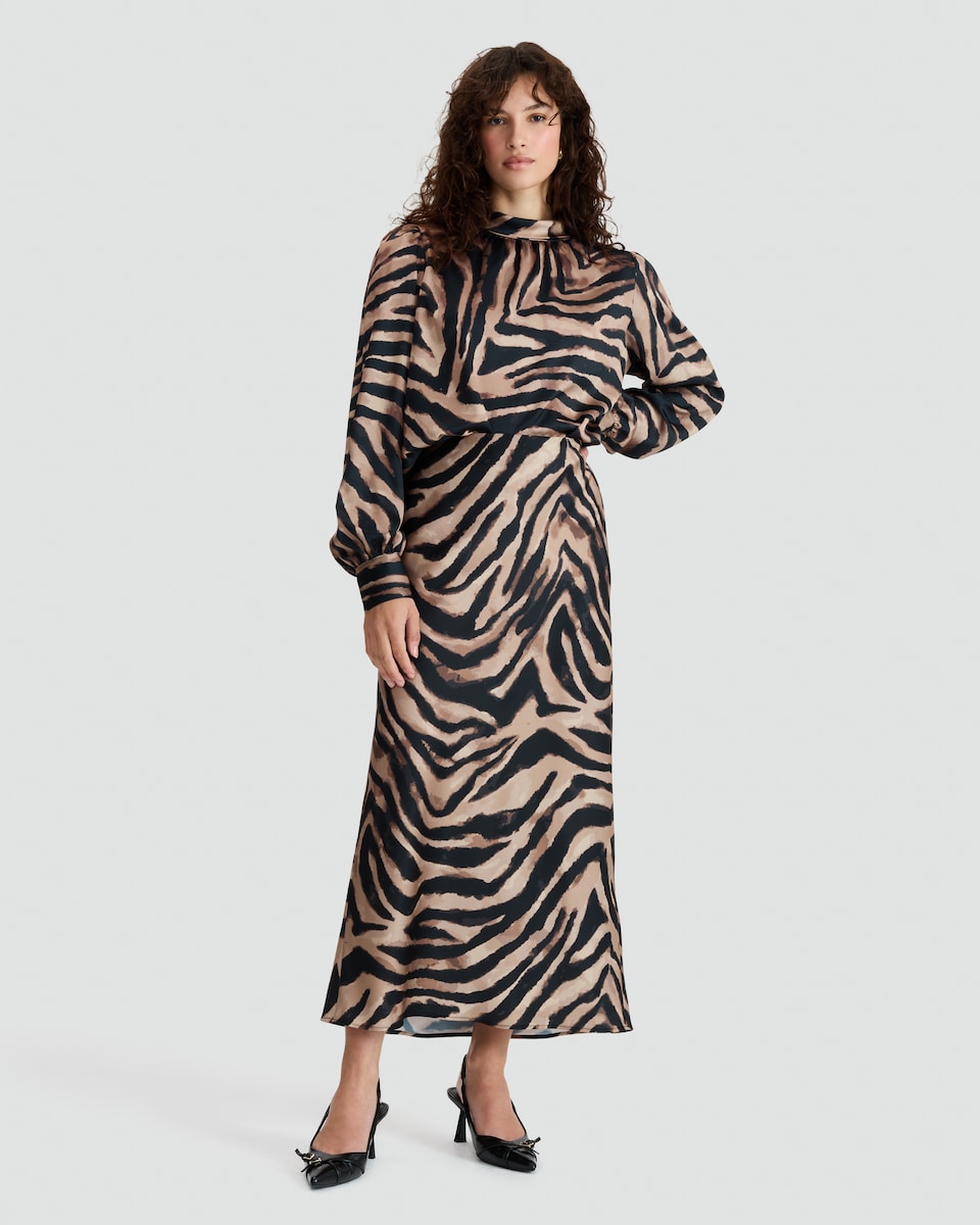 image 1 of F&F Satin Zebra Print Tie Neck Blouse in Multi Brown
