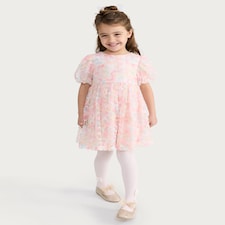 F&F Girls Rainbow Floral Puff Sleeve Dress in Multi
