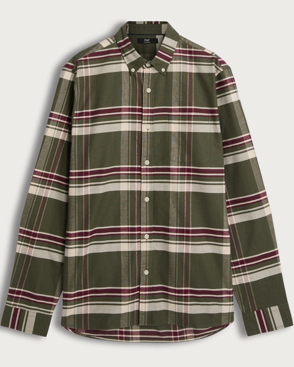 image 1 of F&F Pure Cotton Check Print Button Up Shirt in Khaki
