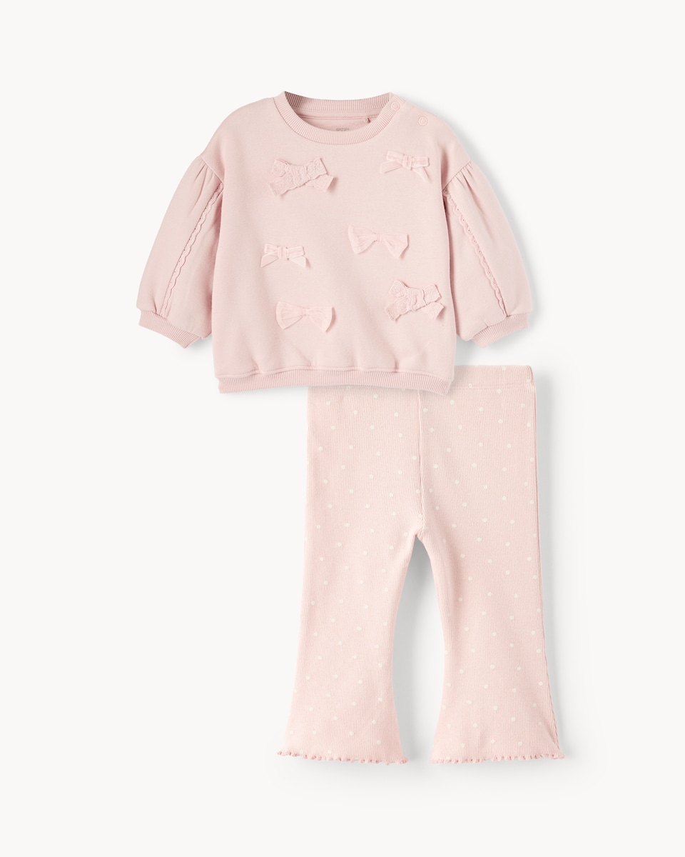 image 1 of F&F Baby Cotton Rich Bow Sweatshirt and Leggings Set in Pink