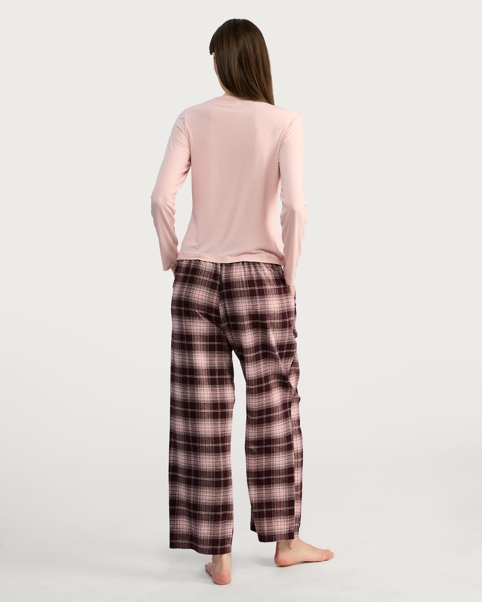 image 1 of F&F Ribbed Flannel Henley Top and Check Pyjama Set in Multi Pink