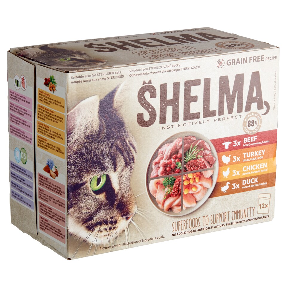 Shelma gabonamentes párolt filé teljes értékű állateledel felnőtt macskák számára 12 x 85 g