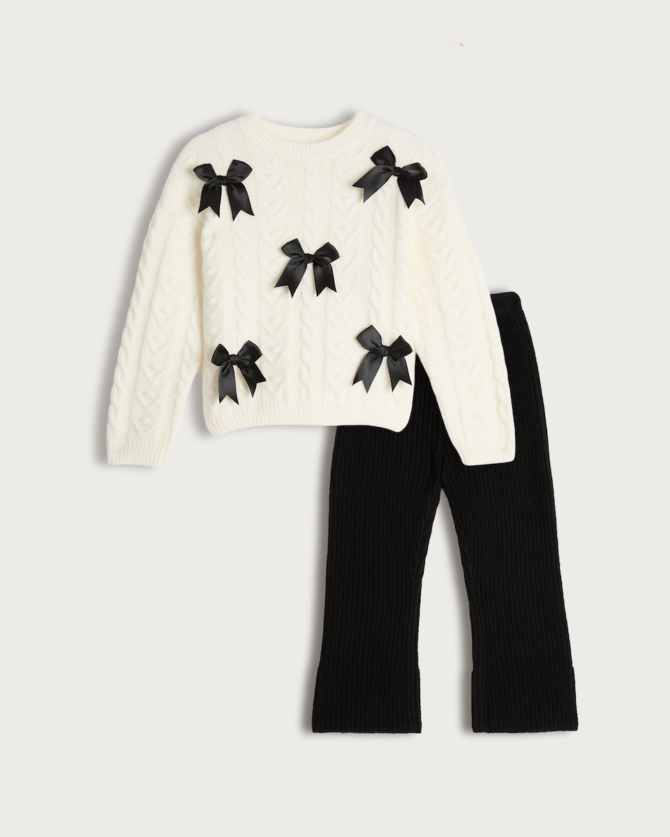 F&F Girls 2-Piece Cable Knit Jumper and Trousers Set in Multi Black White